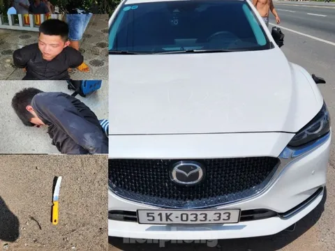 Hai đối tượng đi ô tô vào cửa hàng dịch vụ viễn thông, kề dao vào cổ nhân viên để cướp