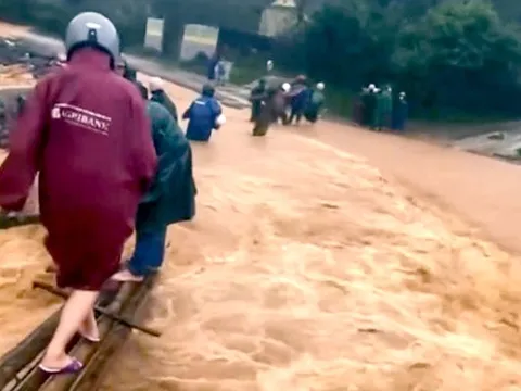 Giáo viên cắm bản vượt lũ trên cầu tạm từ 4 cây gỗ